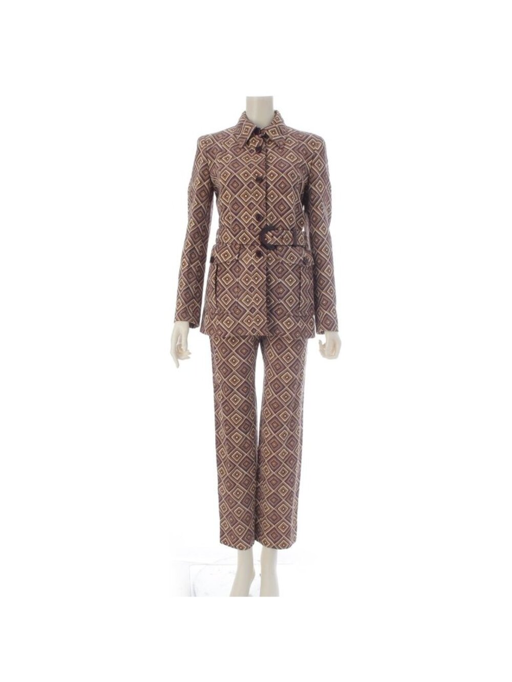 Prada Vintage Wool All Over Print Jacket Pants Set Brown Purple 38